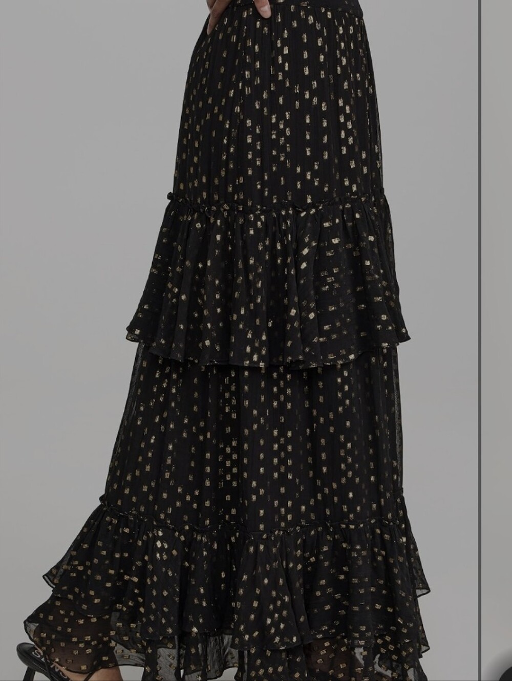 💥Rococo Sand Aine Black Gold Metallic Tiered Maxi Skirt S